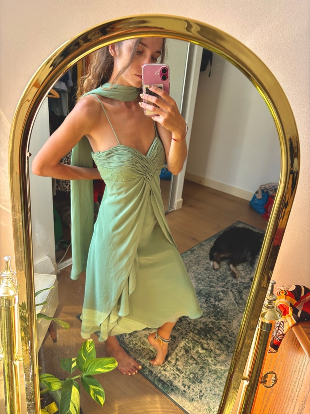 Elegant Sage Green Slip Dress with Draped Bodice